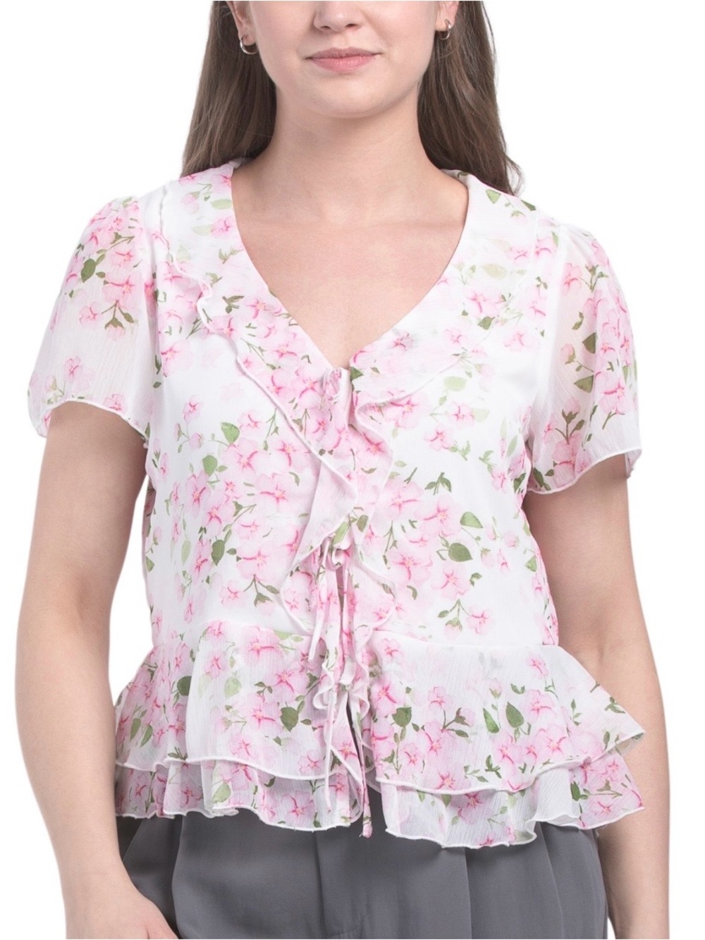 Hanae Mori Pink Floral Tie-Front Chiffon Blouse - Picture 2 of 7
